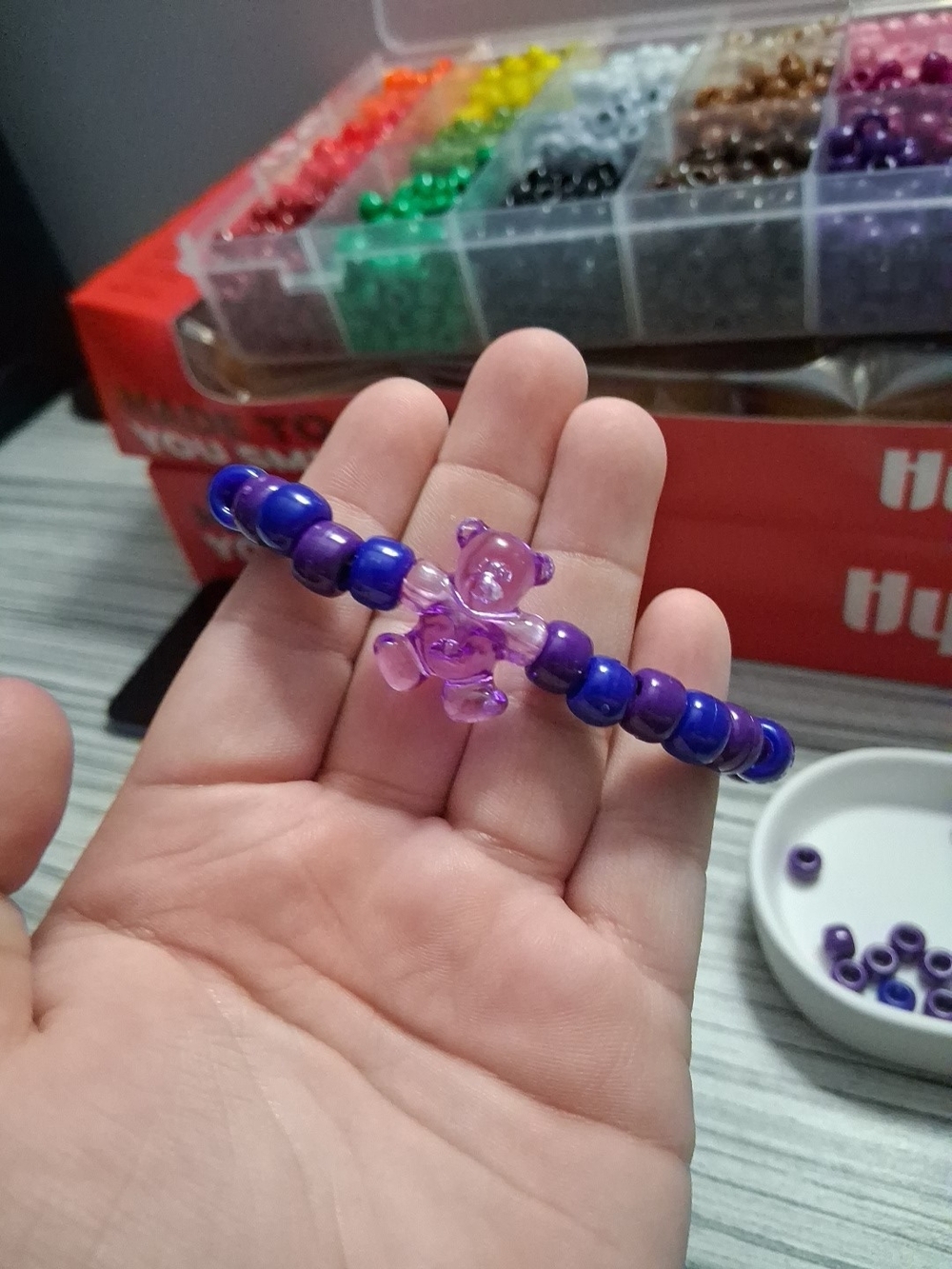 Purple Beaded Bracelet with Purple Bear Charm for Kids